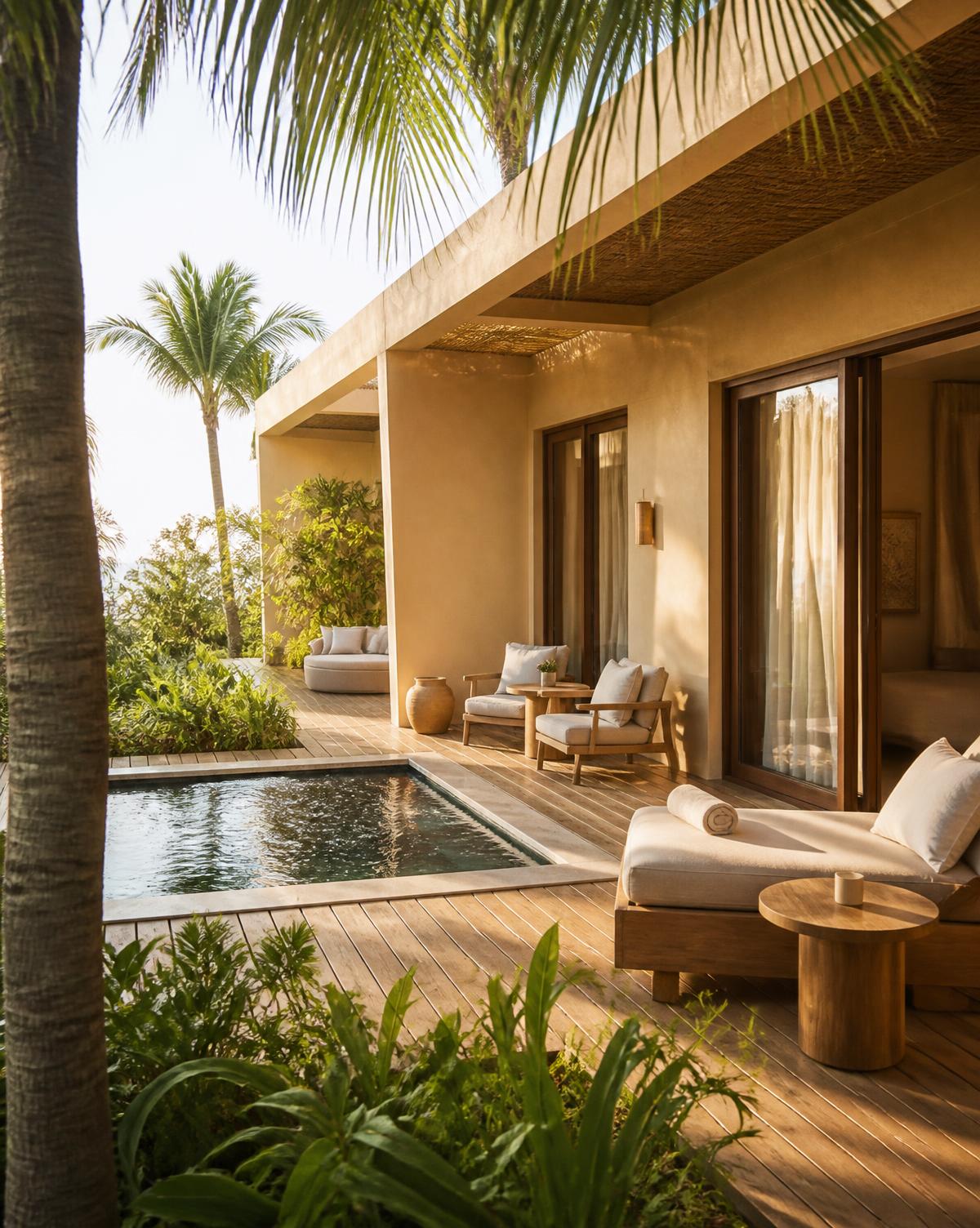 Villa deck with a private plunge pool framed by palms at Double Tree Resort