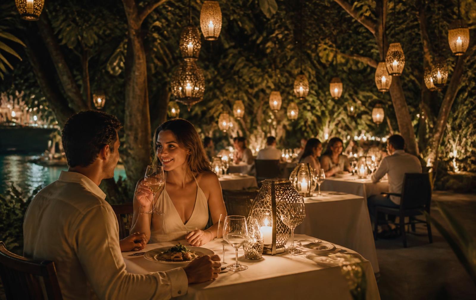 Guests dining by candlelight beneath lantern-lit trees at the resort restaurant
