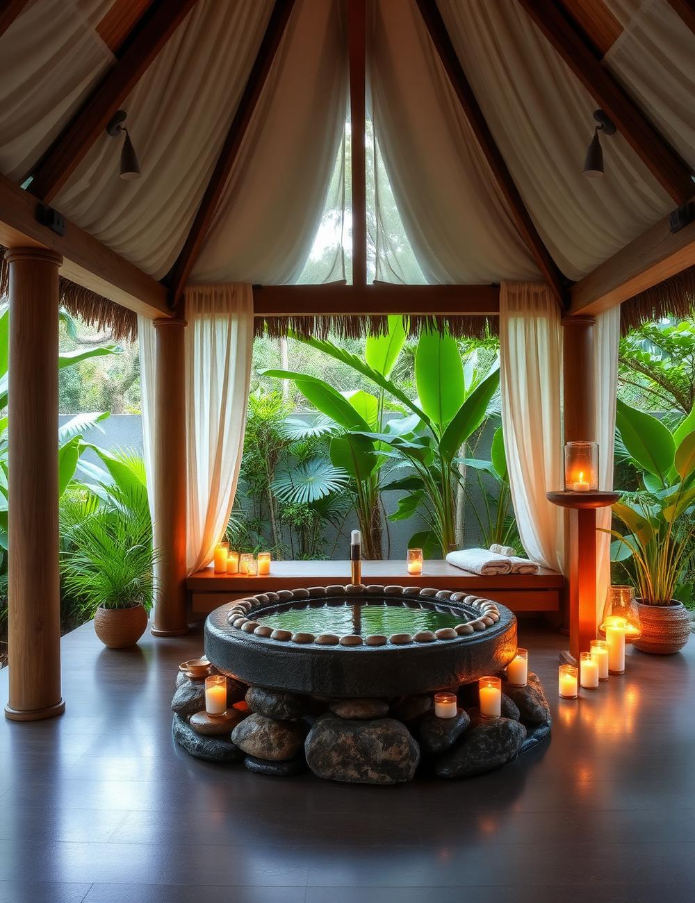 Open-air spa pavilion with stone bath and candles